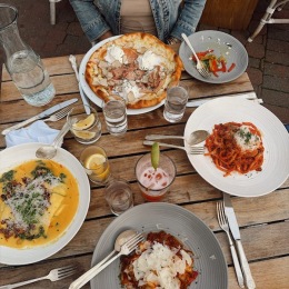 a table with plates of food
