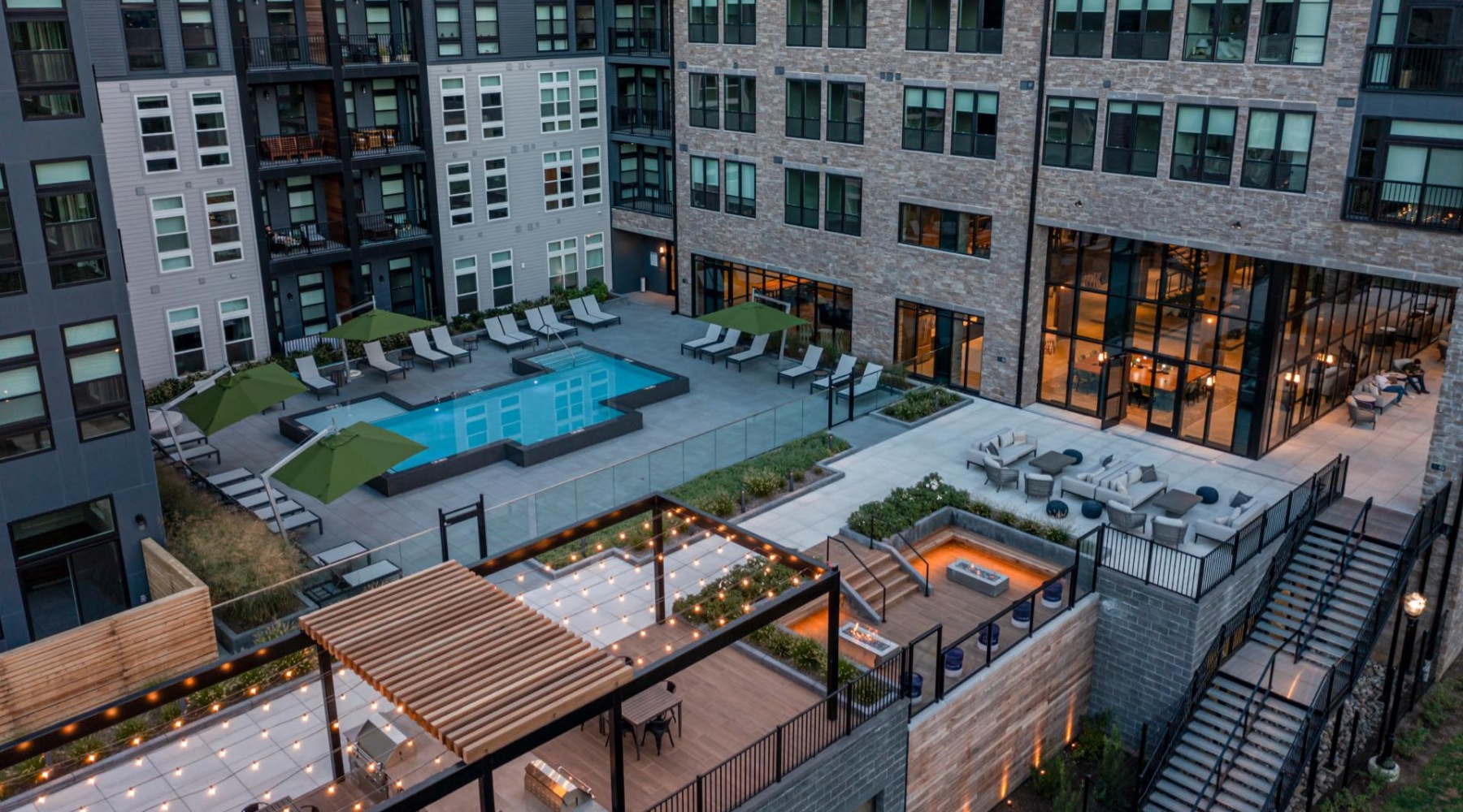 a courtyard with a pool