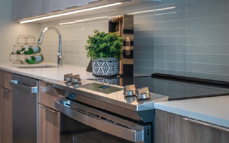 a kitchen with stainless steel appliances